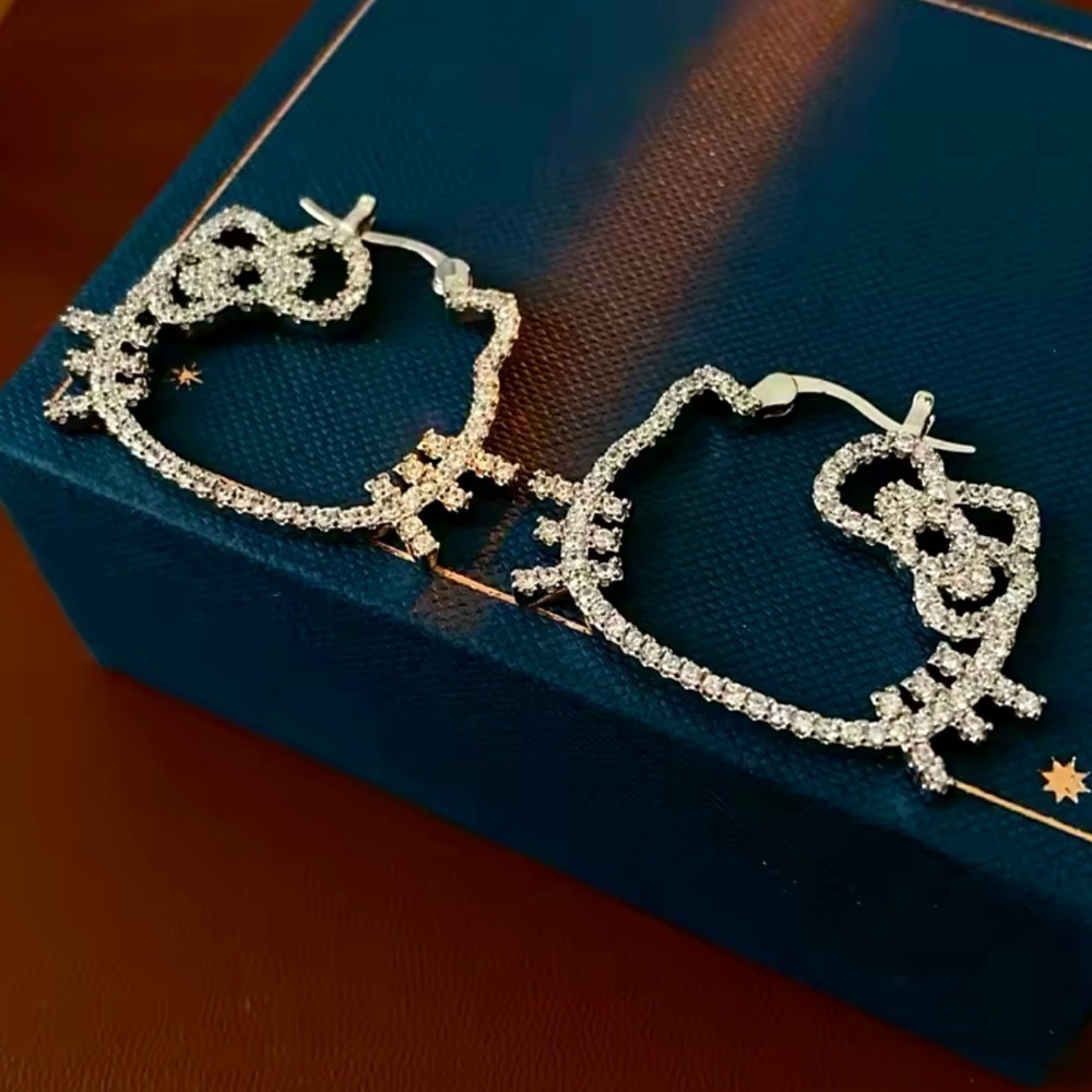 18K White Gold Hello Kitty Hoop Earrings With Diamond Inlays Sanrio Kawaii